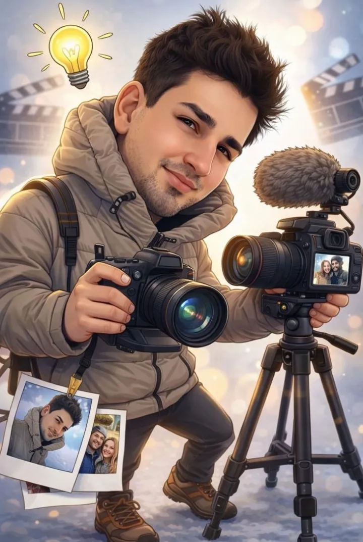 Illustration von Alex Krappmann mit Kamera, Videokamera auf Stativ und Mikrofon